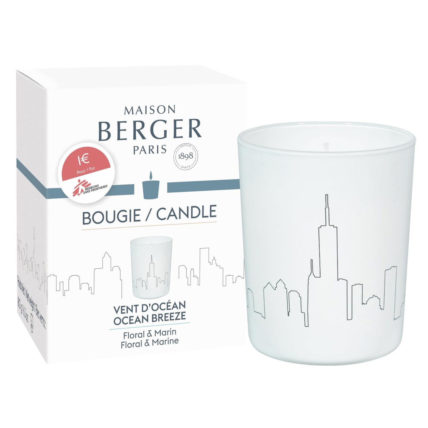 MAISON BERGER Candle - 100% Vegan Wax Scented Candle - 3 x 3 x 3.5 inches - 180g - 6.34 oz - Made in France - 38 hours Burning Time (Ocean Breeze - Doctors Without Borders)