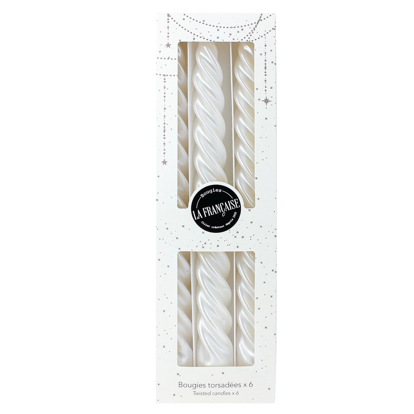 Bougies La Francaise - Coffret of 6 Twisted Candles - Pearly White color - Made in Tunisia,  +/- 7-Hour Burn Time per candle - 0.87 x 10 inches
