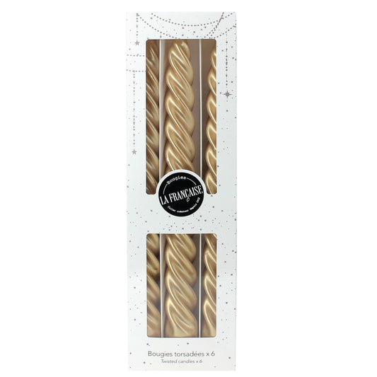 Bougies La Francaise - Coffret of 6 Twisted Candles - Gold color - Made in Tunisia,  +/- 7-Hour Burn Time per candle - 0.87 x 10 inches