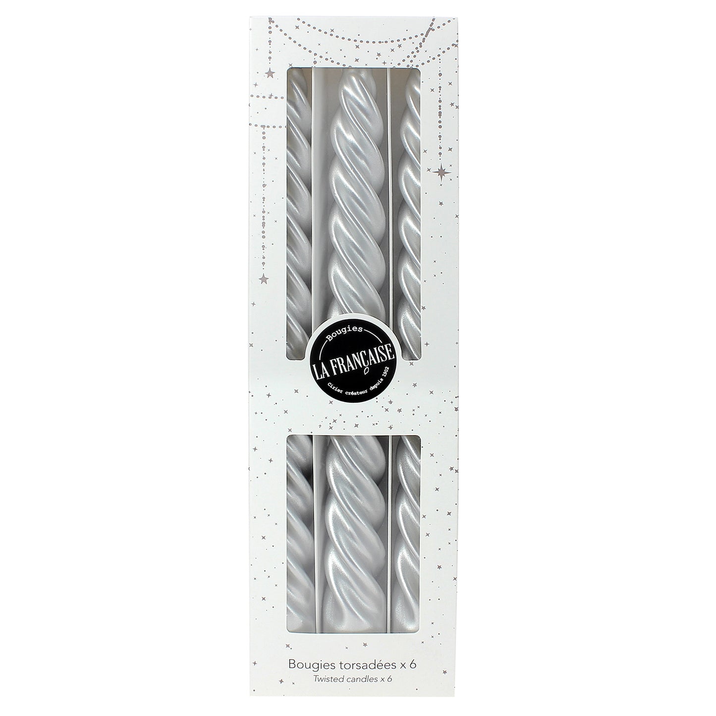 Bougies La Francaise - Coffret of 6 Twisted Candles - Silver color - Made in Tunisia,  +/- 7-Hour Burn Time per candle - 0.87 x 10 inches