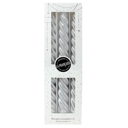 Bougies La Francaise - Coffret of 6 Twisted Candles - Silver color - Made in Tunisia,  +/- 7-Hour Burn Time per candle - 0.87 x 10 inches