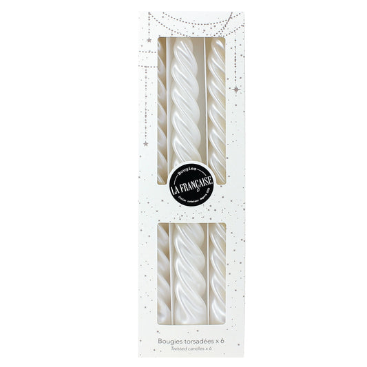 Bougies La Francaise - Coffret of 6 Twisted Candles - Pearly White color - Made in Tunisia,  +/- 7-Hour Burn Time per candle - 0.87 x 10 inches
